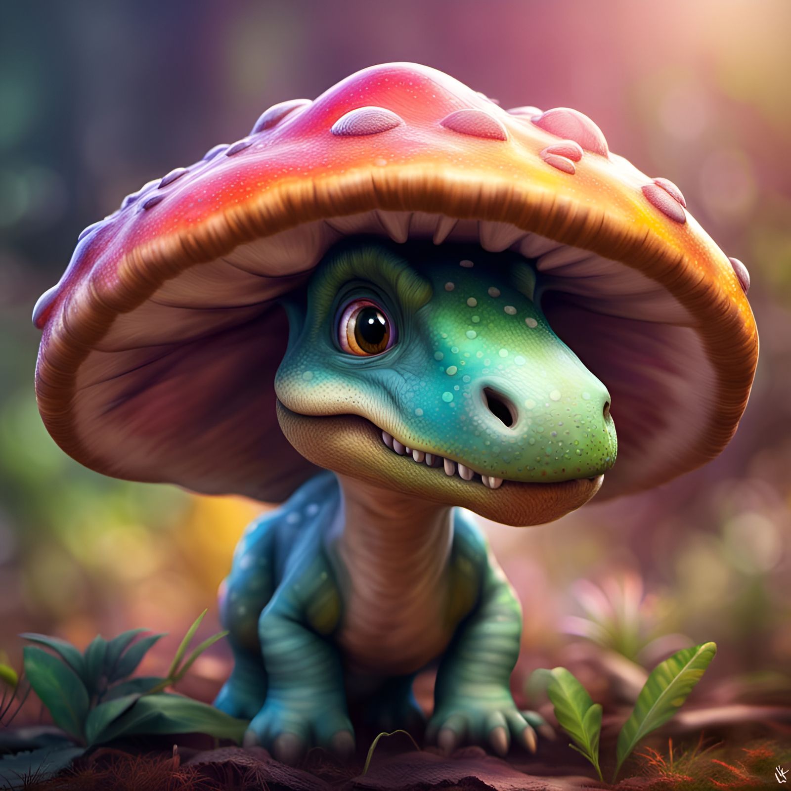 Adorable Dinosaur Mushroom in Hyperrealistic Splash Art