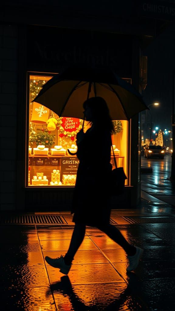 Cinematic Christmas Gift Shop Window Scene with Warm Golden....