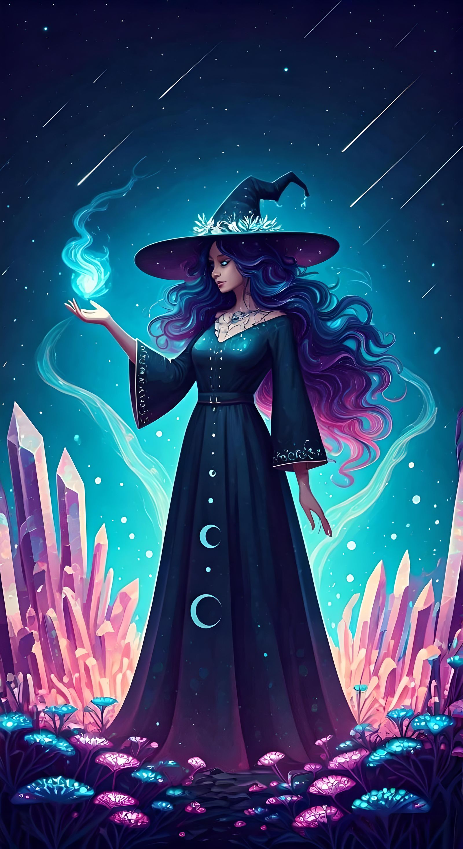 Cosmic Witch Casting Spell on Alien Landscape