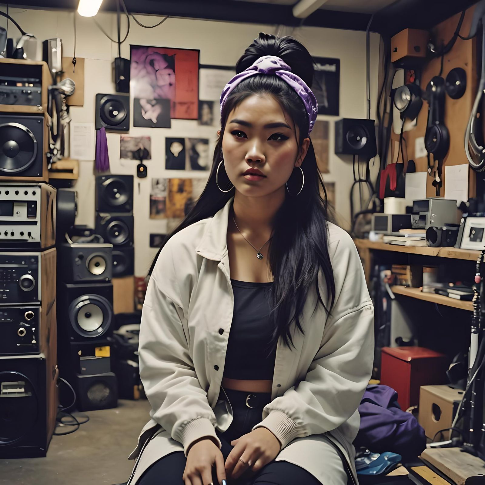 Asian Woman Relaxing in Band Studio: Cinematic Film Still