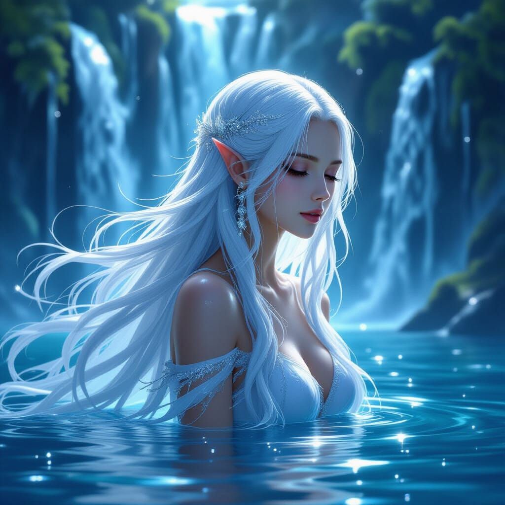 Water Spirit Merging with Waterfalls in Moonlight