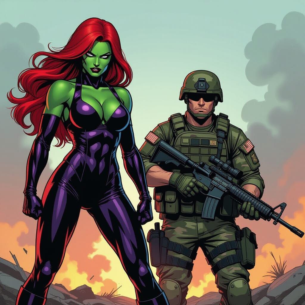 Red She Hulk and Soldier in Comic Book Style