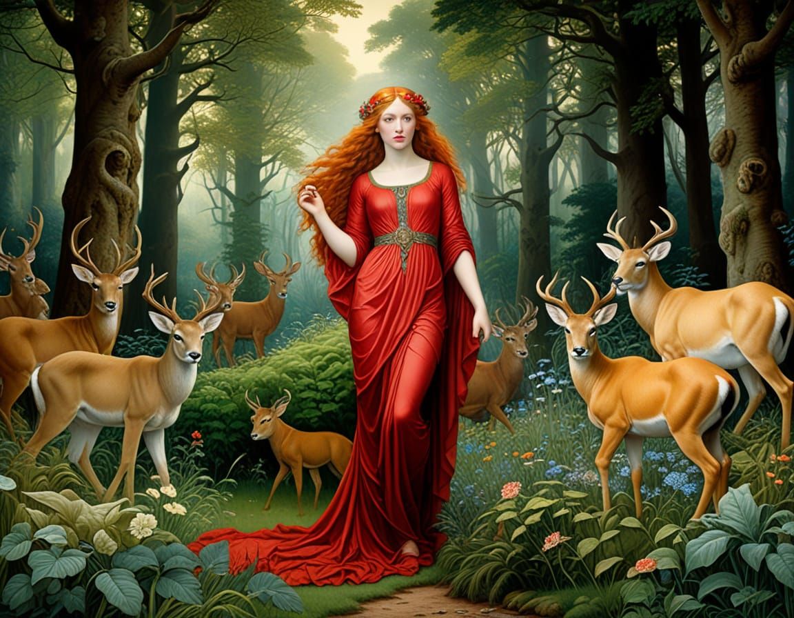 Gaia in Forest Glade: A Pre-Raphaelite Vision