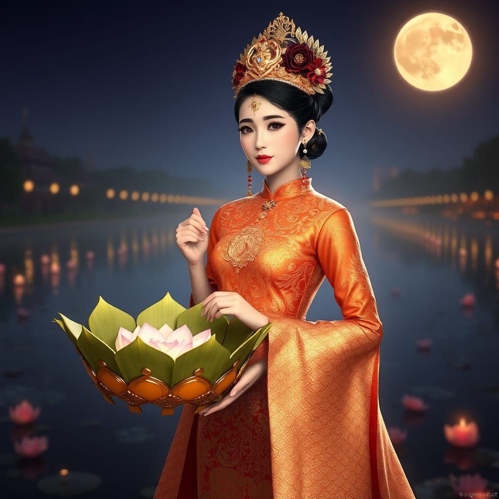 Elegant Thai Noblewoman at Loy Krathong Festival