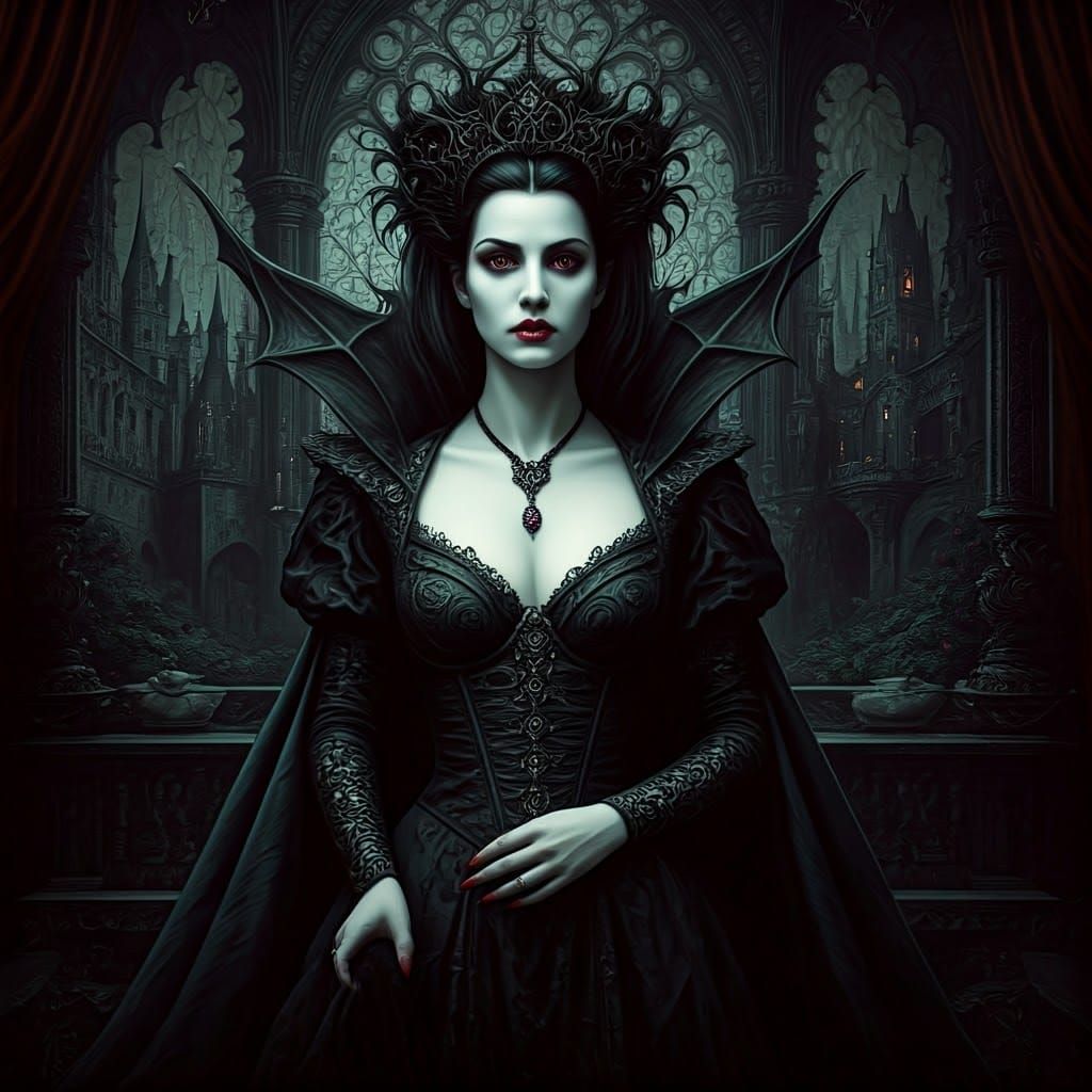 Editorial Portrait, filigree vampire queen in a Castle, flying bats double exposure, Arthur Rackham