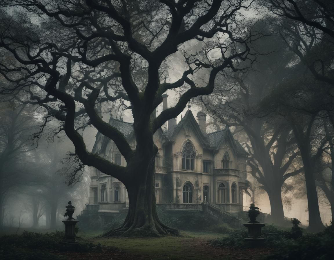 Gothic Mansion in Gloomy Forest: Cinematic Horror