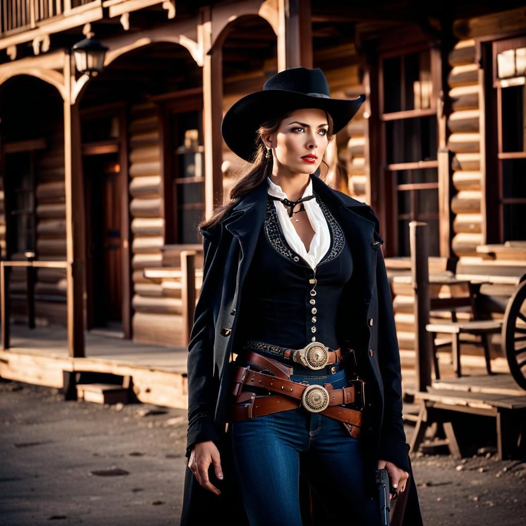 Female Gunslinger in Old West Town