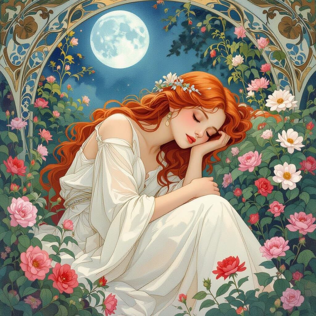Redhead Goddess Asleep in Moonlit Flower Garden