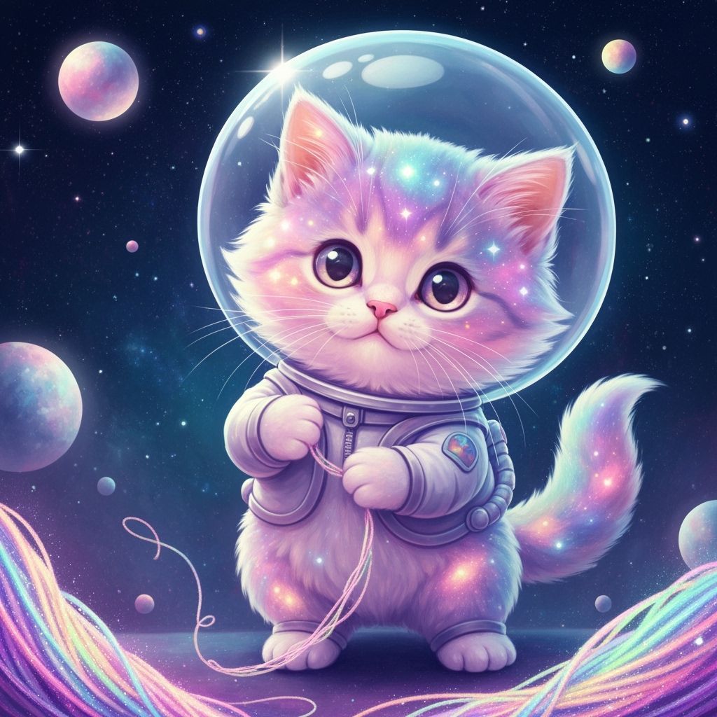 Cosmic Kitten Astronaut Playing with Yarn