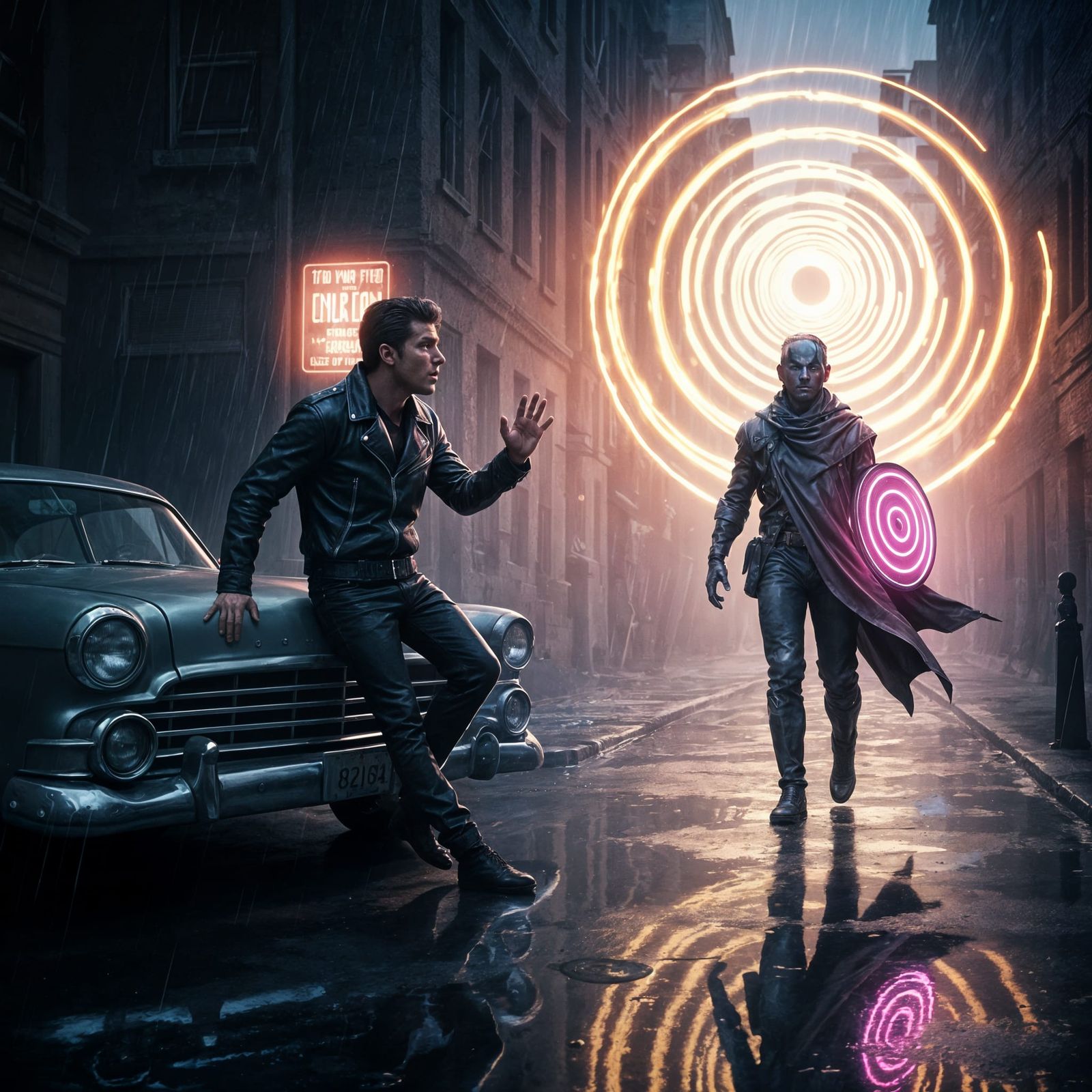 Greaser Meets Time Traveler in Film Noir Style