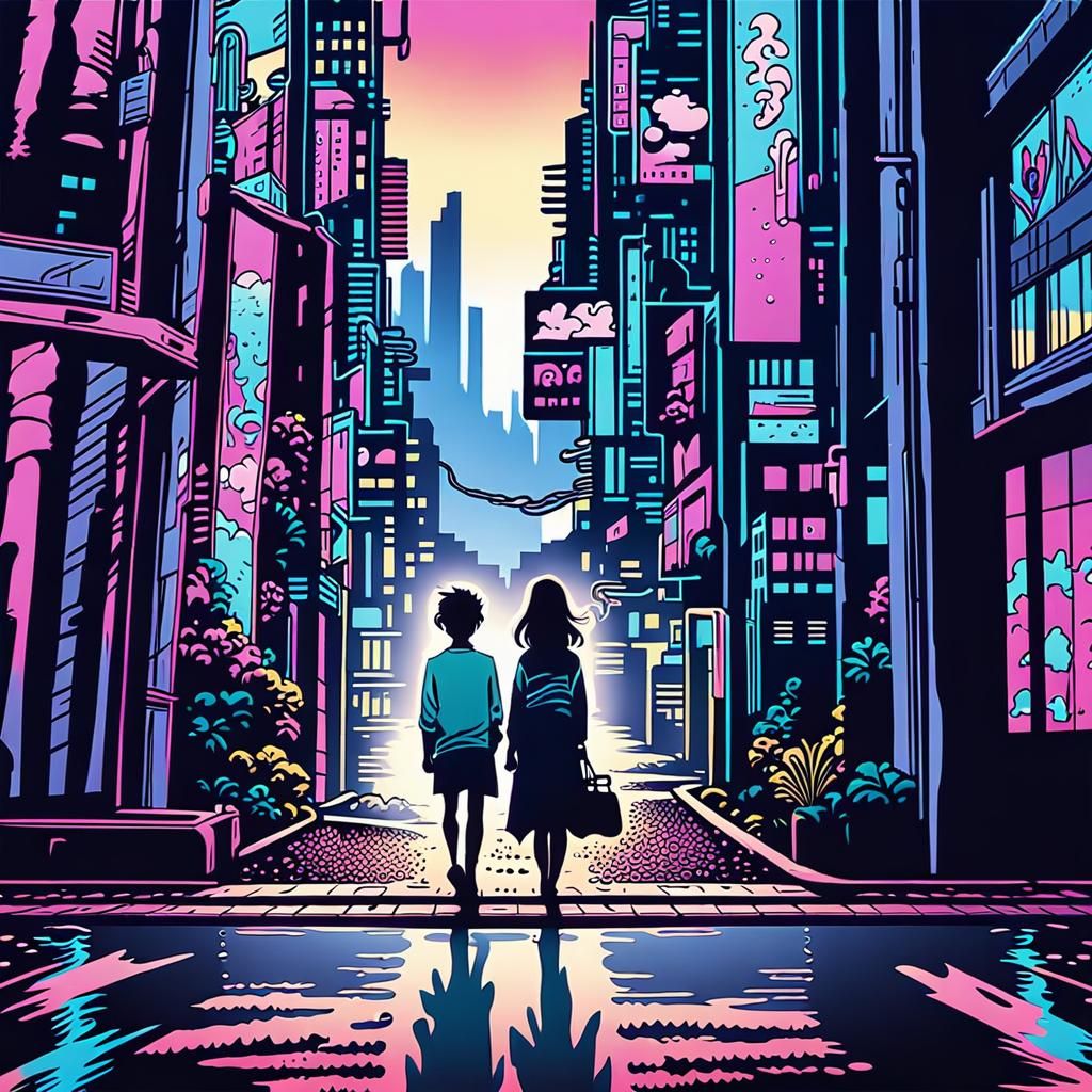 Anime Trio in Misty Cityscape: Comic Book Art