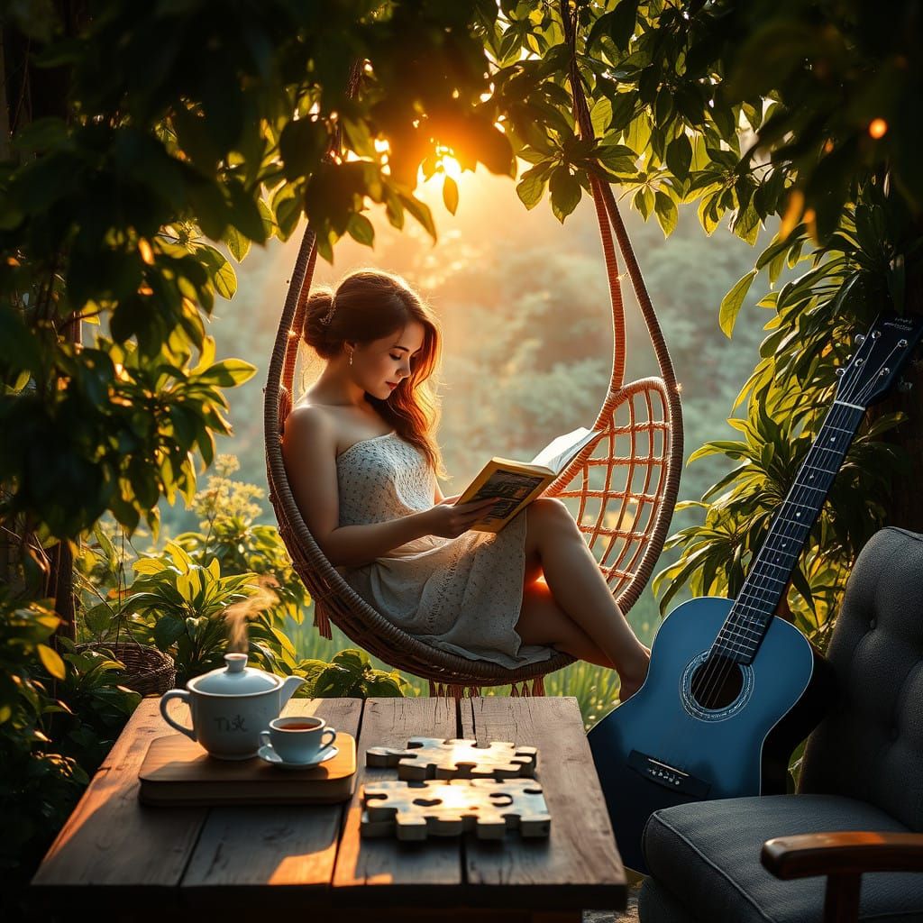 Whimsical Garden Oasis in Golden Hour