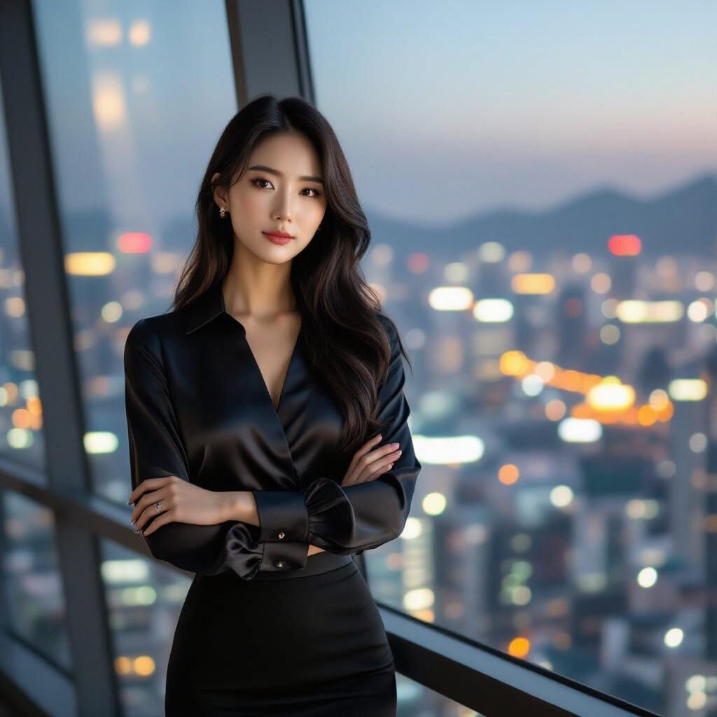 Korean Woman in Office Overlooking Cityscape
