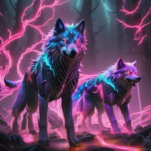 Neon Glowing Spirit Wolf in Detailed Matte Painting