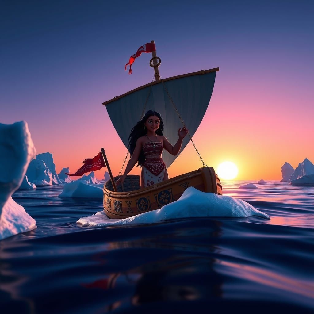 Moana at night in her Hokule'a sailing through an Arctic sea with icebergs. Pixar, Disney, concept art, 3d digital art, ...