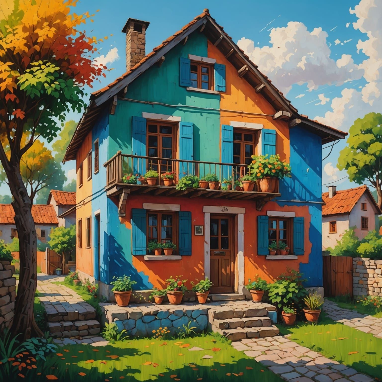 Charming Village House in Naive Art Style