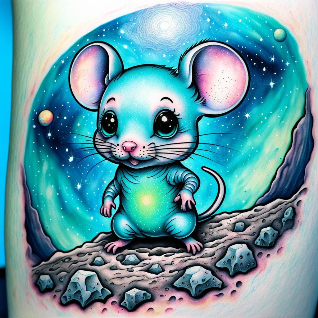 Aqua Chibi Mouse Tattoo on Moon with Cosmic Background