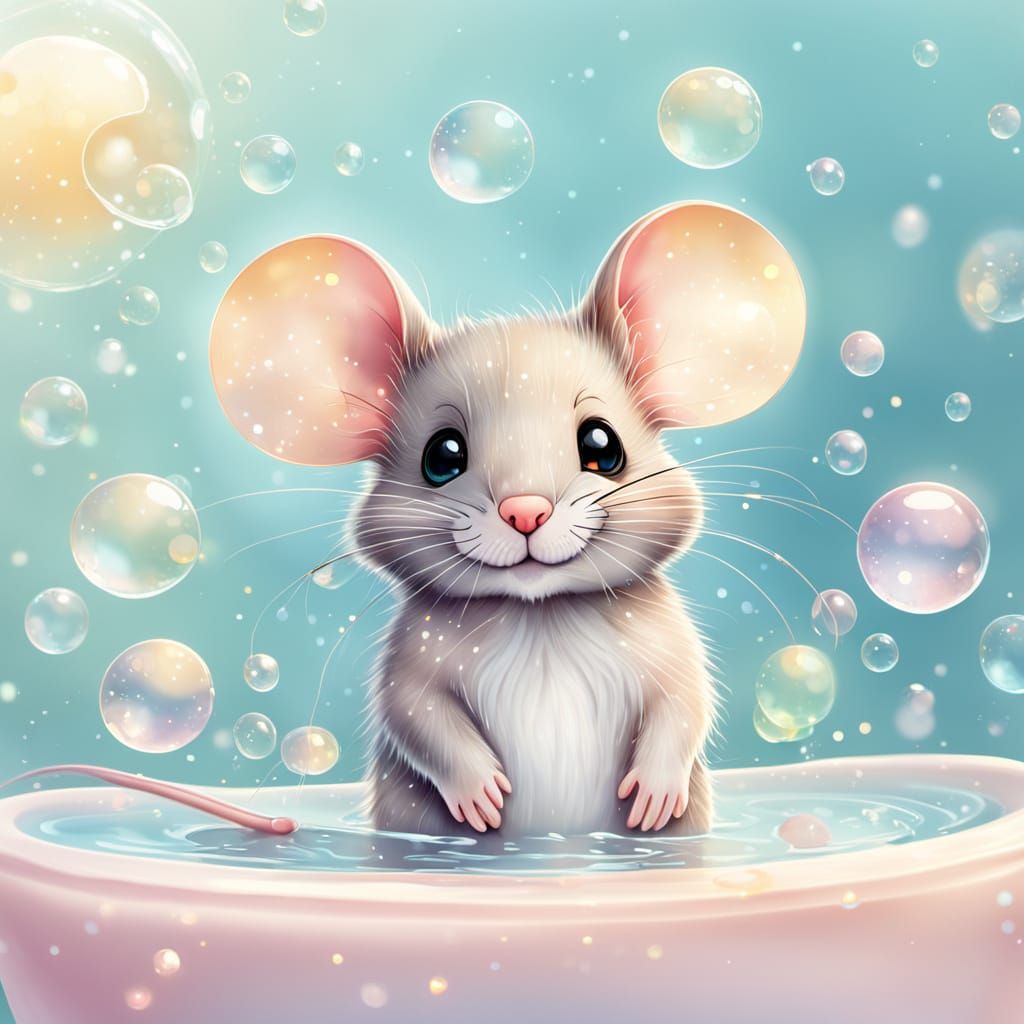 Mouse in Bubble Bath: Whimsical Pastel Illustration