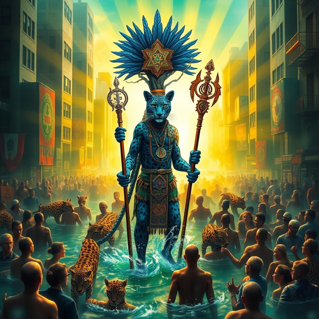 Leopard Shaman in Flooded City, Dreamlike Surrealism