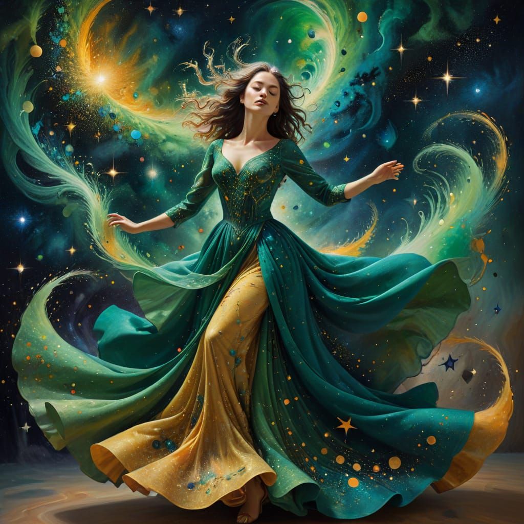 Surreal Oil Painting of a Curvy Woman Dancing Among Celestia...