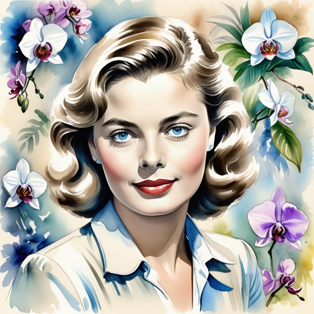 Ingrid Bergman Portrait in Vintage Watercolor Style