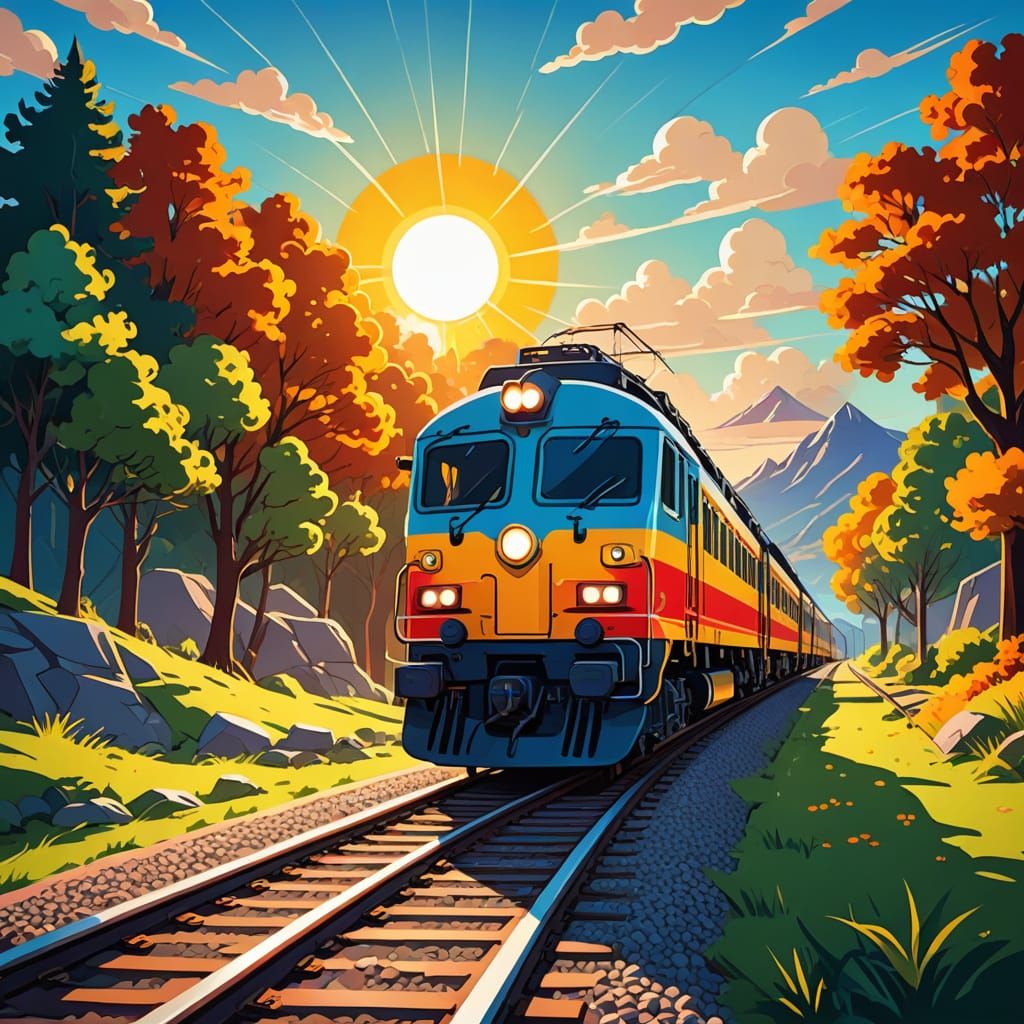 Cartoon Train on Track in 3D Animation Style