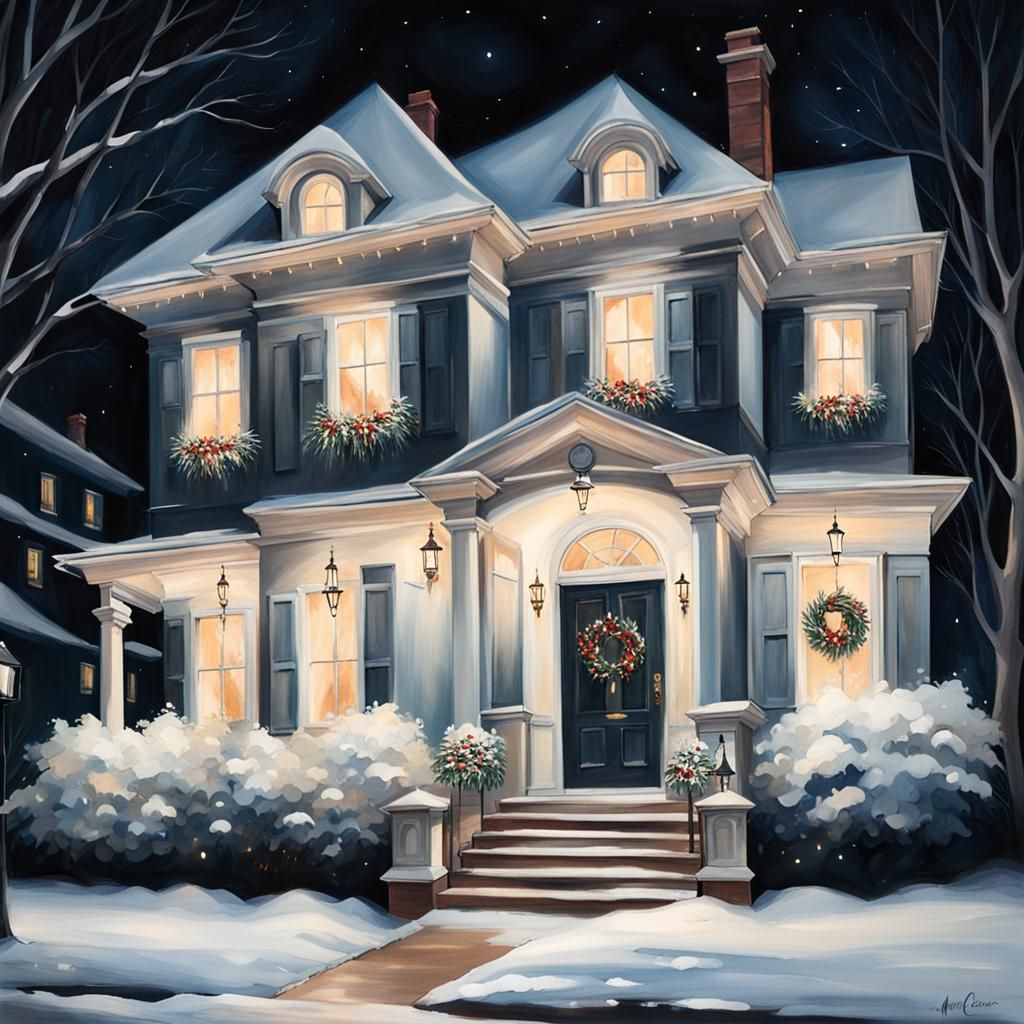 Classic Christmas Mansion Illuminated at Night