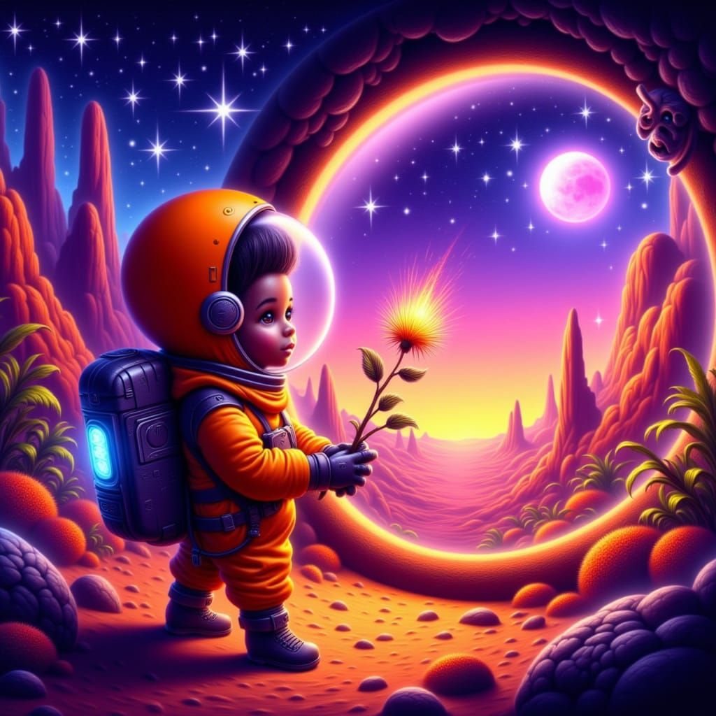 Child in Spacesuit on Mars with Glowing Plant