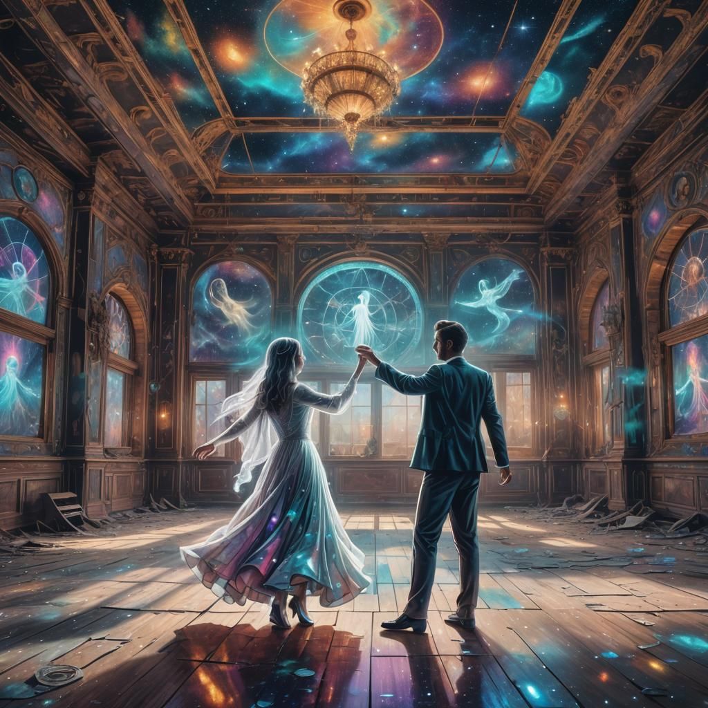 Ghostly Couple Dancing: Holographic Astral Illustration