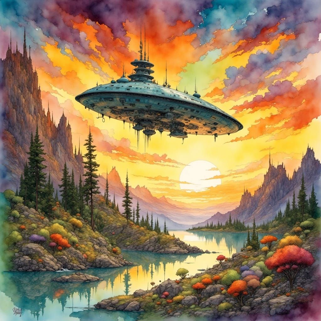 Starfleet Over Landscape: Watercolor Painting at Sunset