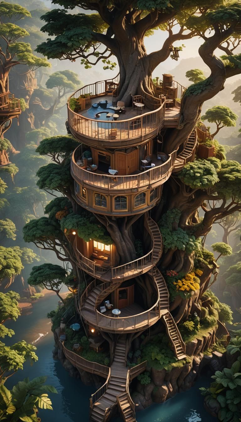 Treehouse Inside Coffee Cup at Sunrise: Digital Art