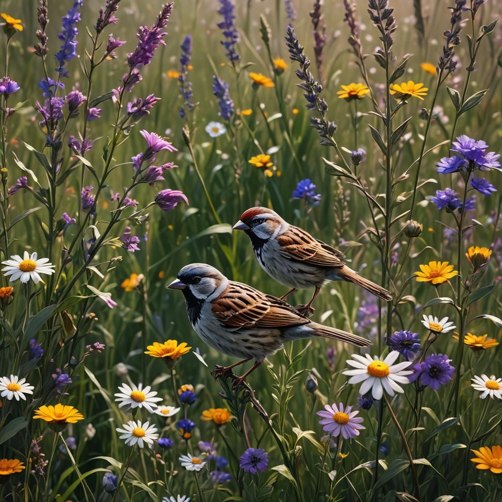 Sparrow in Wildflower Field: Detailed Matte Painting
