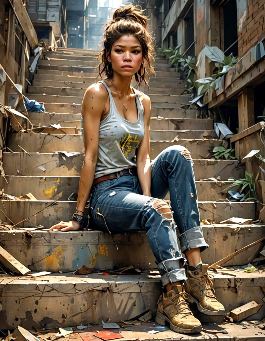 (Zendaya:Evangeline Lilly) ,sitting on some stairs, ripped jeans, tank top, ((pulls up her shirt)) , slightly muscular, ...