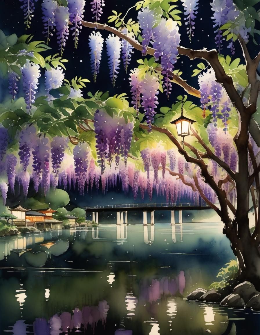 Wisteria Over River at Night in Watercolour Style