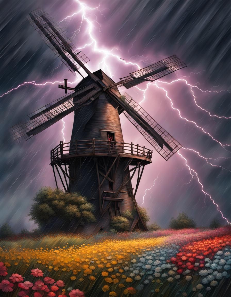 Lightning Strikes Windmill in Hyperrealistic Storm