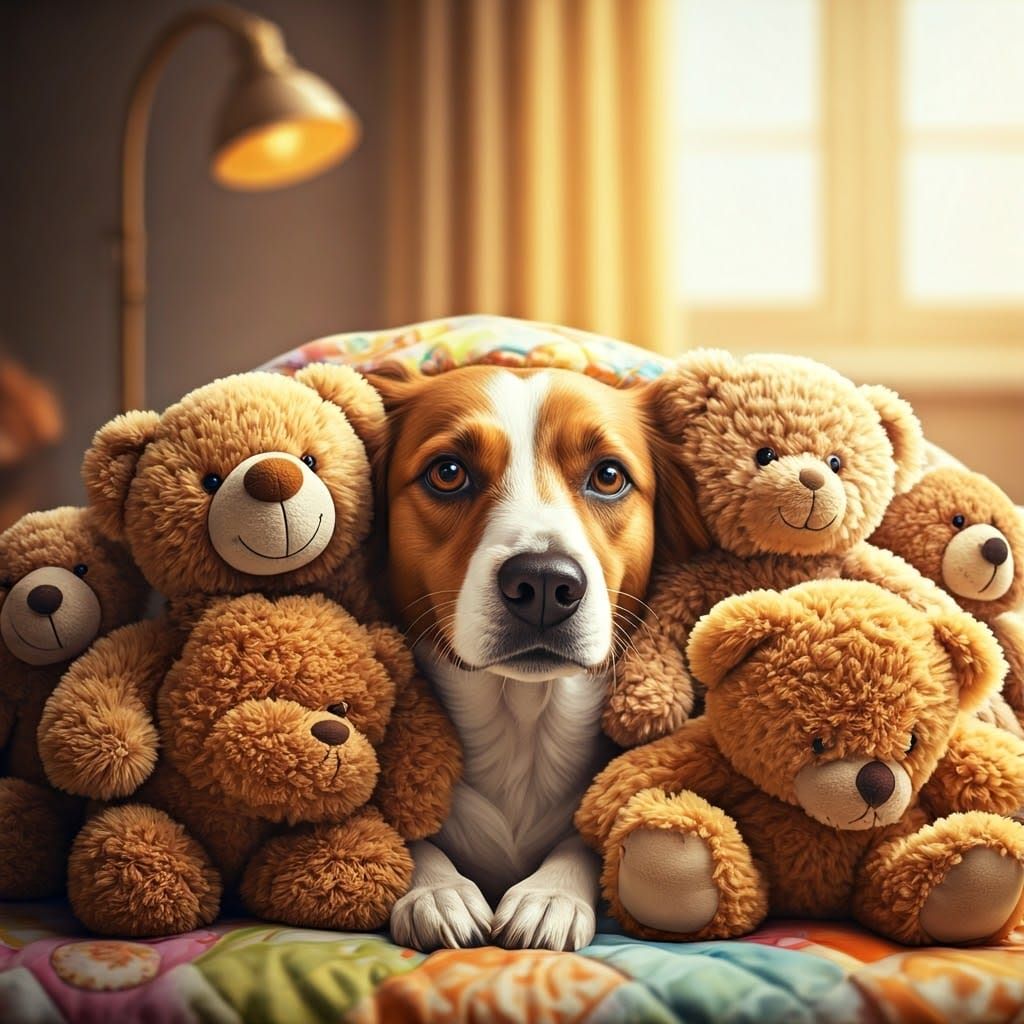 Dog Peeking from Teddy Bears, Whimsical Photography