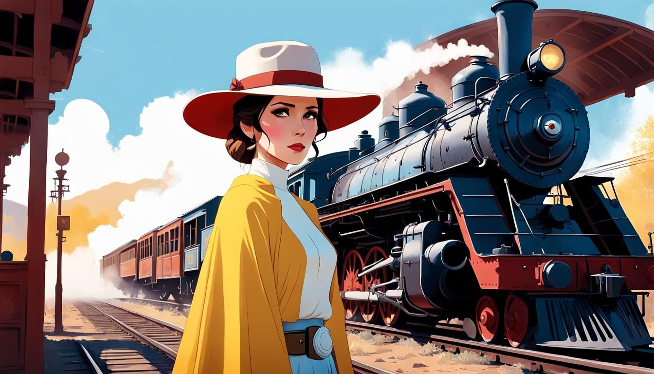 Cowgirl Princess Leia at Train Station in Anime Style