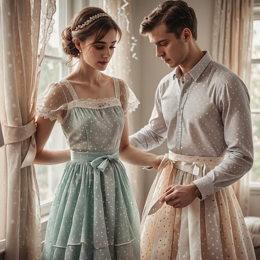 Young Woman Adjusting Ribbon on Man's Polka Dot Dress