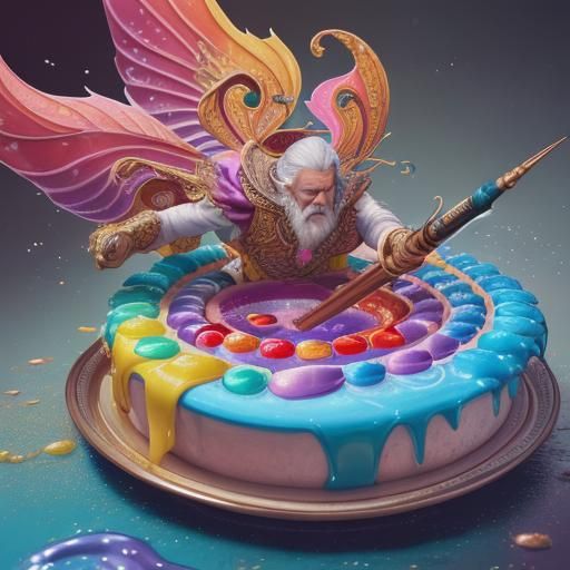 Fantasy cake decoration of an old wizard firing his wand