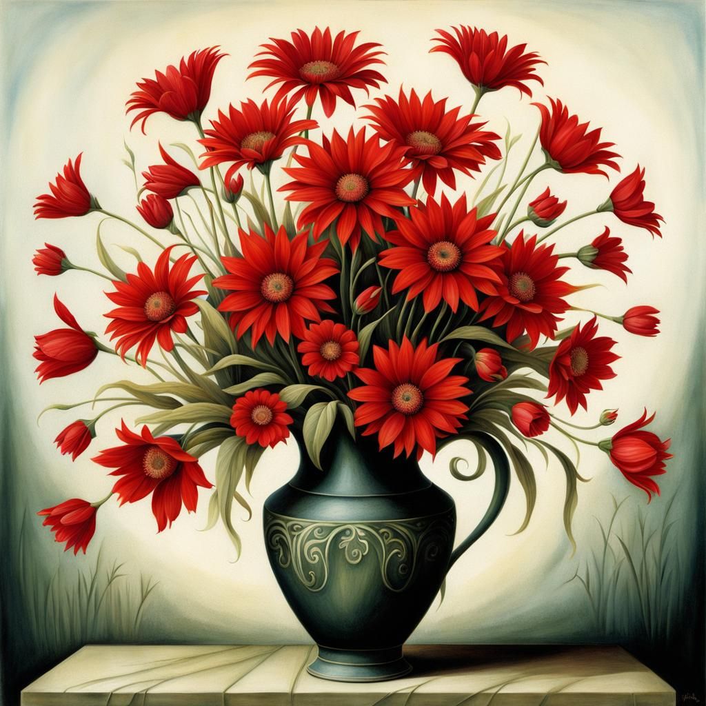 Red Flowers in Vase Illustration with Gradient Clarity