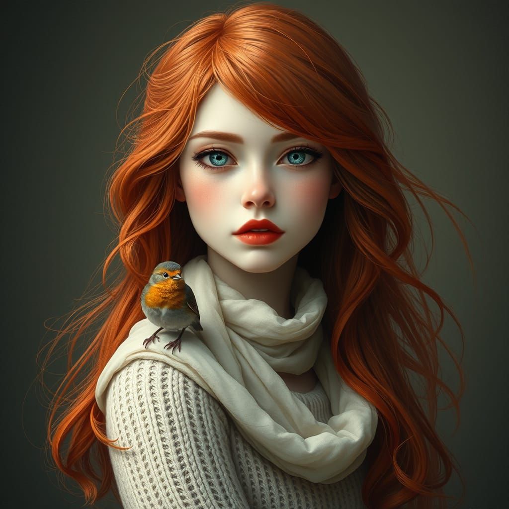 Enchanting Red-Haired Girl in Whimsical Oil and Ink Fantasy ...