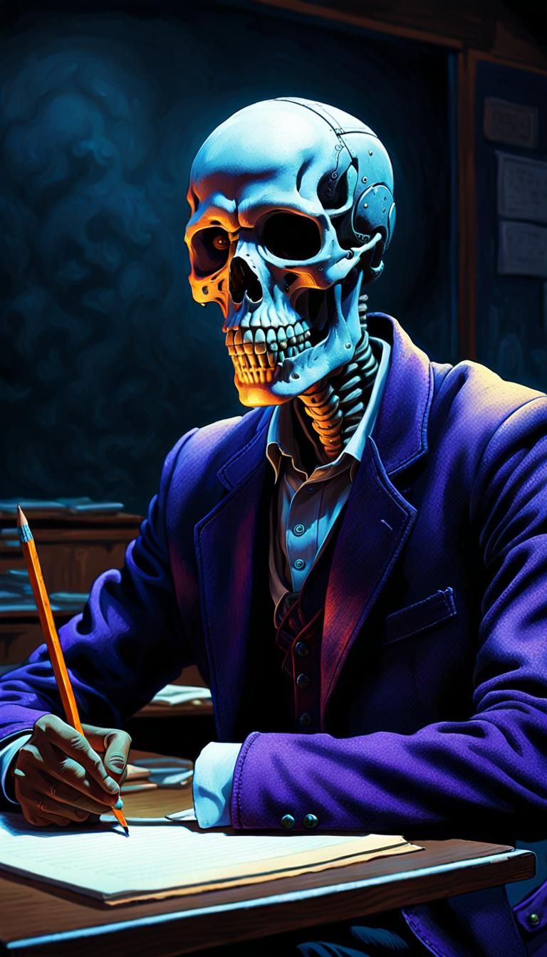 A skeletal student sitting in class, taking a test using a No. 2 pencil.