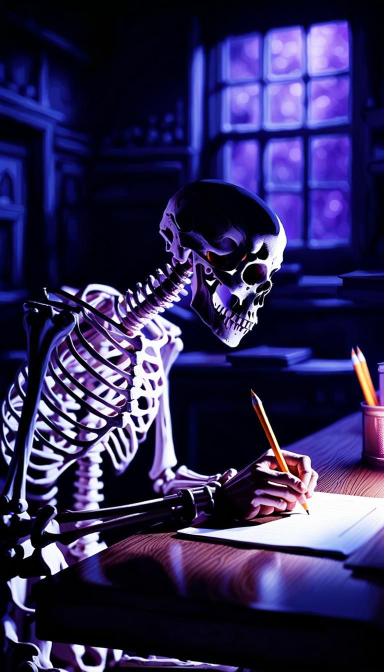 A skeletal student sitting in class, taking a test using a No. 2 pencil.