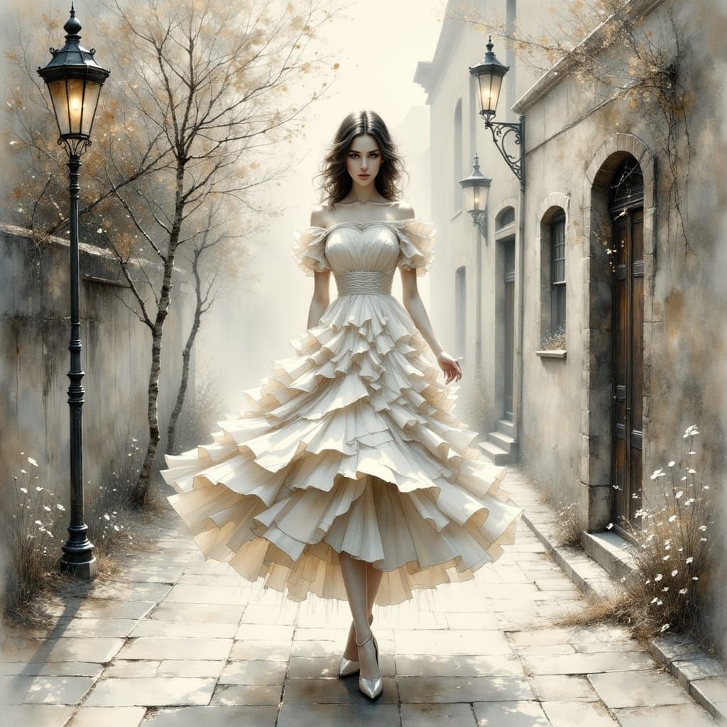 Surreal Paper Dress Woman in Pencil and Chalk Style