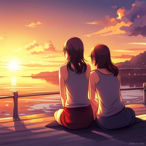 Lesbians Watching Sunset in Anime Style