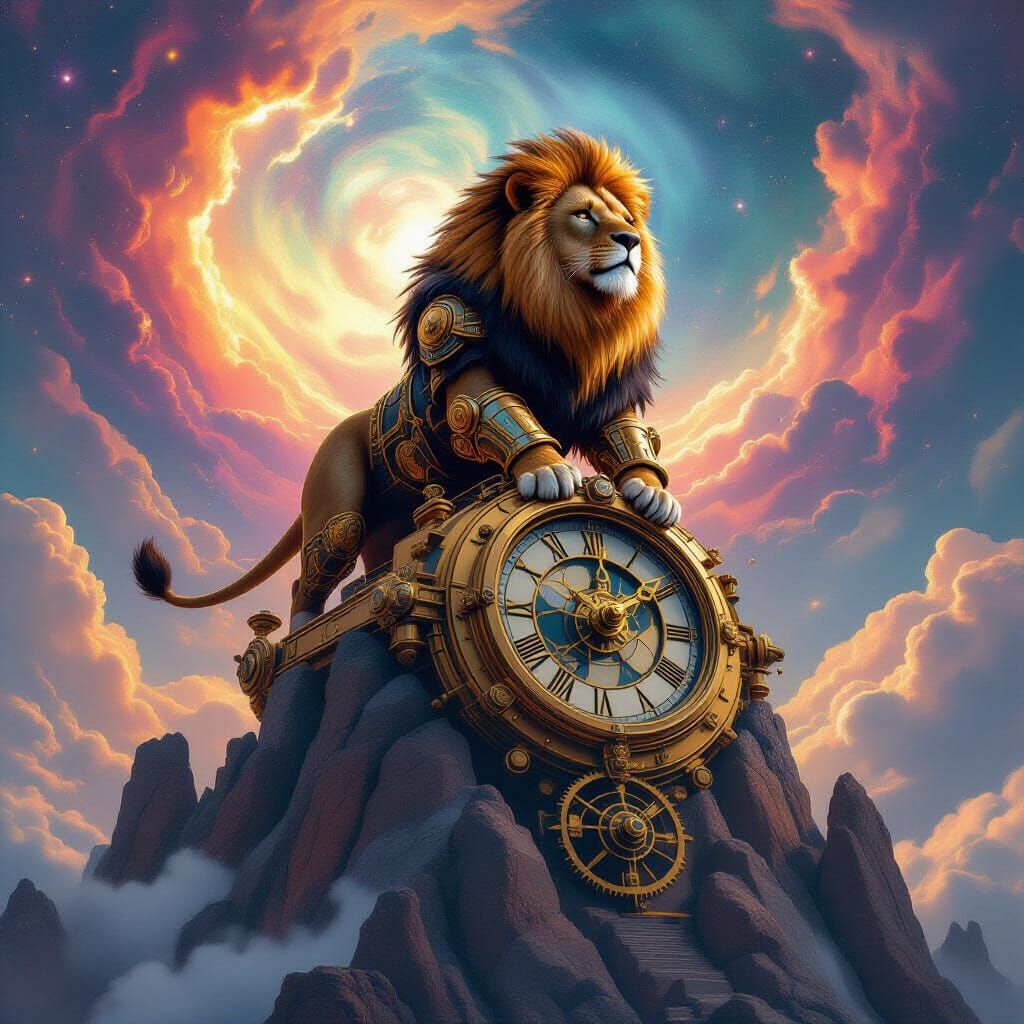 Steampunk Lion on Clockwork Mountain Under Nebula Sky
