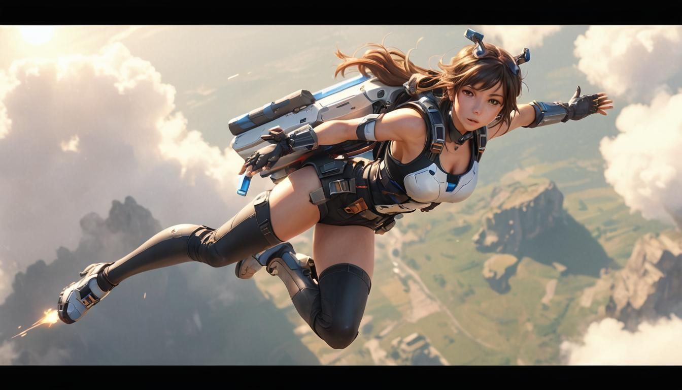 Action Heroine Flies with Jetpack: 3D Anime Art