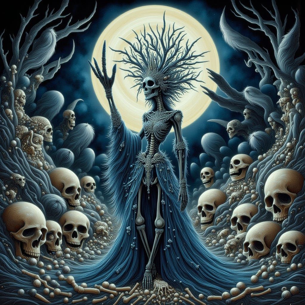 Skeletal Queen in Bone Boneyard, Dark Fantasy