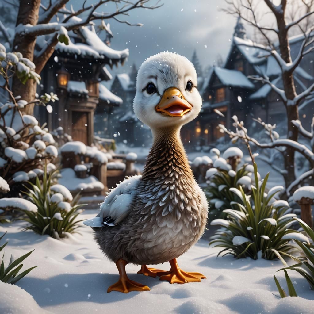 Cute Duckling in Snow: Fantasy Concept Art