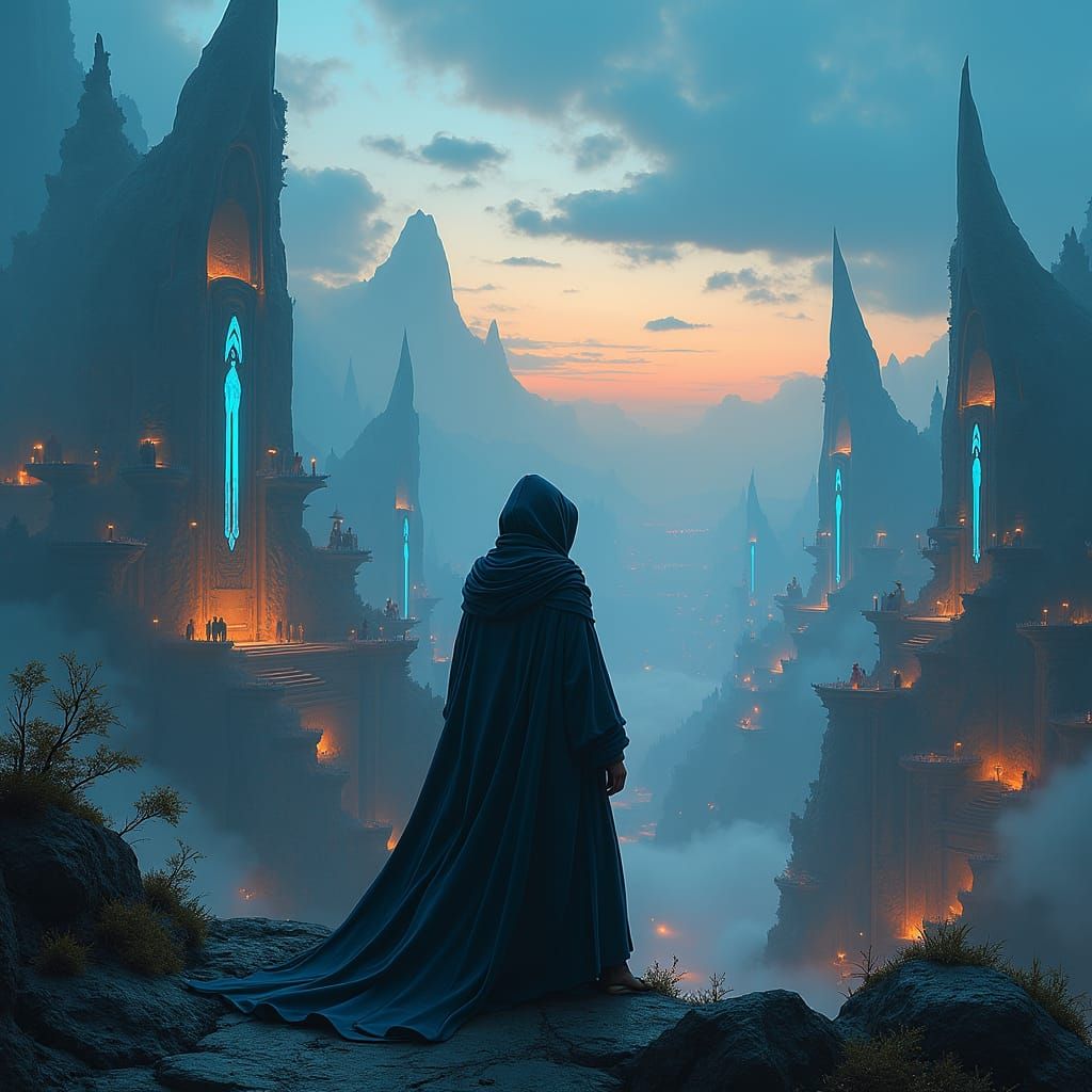 Cyberpunk Figure Overlooks Dreamlike Cityscape at Dusk